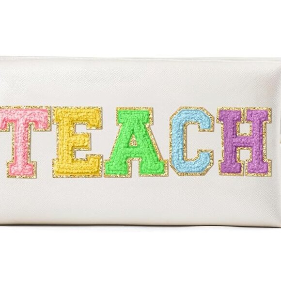 NEW TEACH Letter Makeup Bag Colorful TEACHER Chenille Letter Patch Cosmetic Bag - Picture 2 of 11